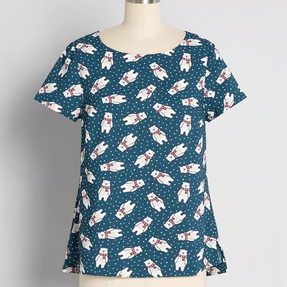 ModCloth Women holiday winter Blouse polar bears snow festive novelty top XL NWT - Picture 1 of 11